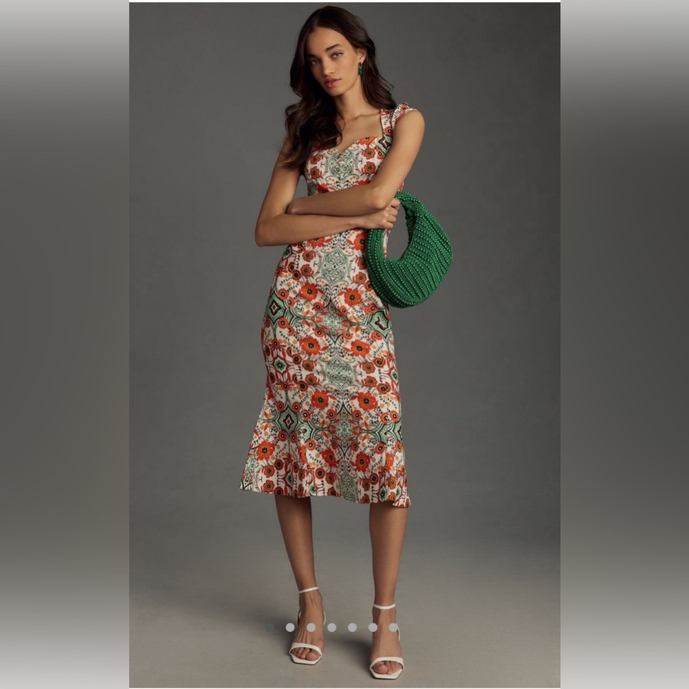 NWT Anthropologie The Cecily Fit & Flare Sweetheart Dress. Orange motif size M